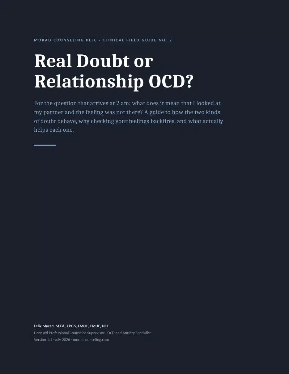 Real Doubt or Relationship OCD? Free Field Guide 1 Cover of the Real Doubt or Relationship OCD field guide: navy cover with the series title and author credentials