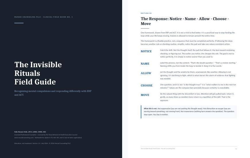 The Invisible Rituals Field Guide 1 Preview of The Invisible Rituals Field Guide: navy cover and the Notice Name Allow Choose Move framework page