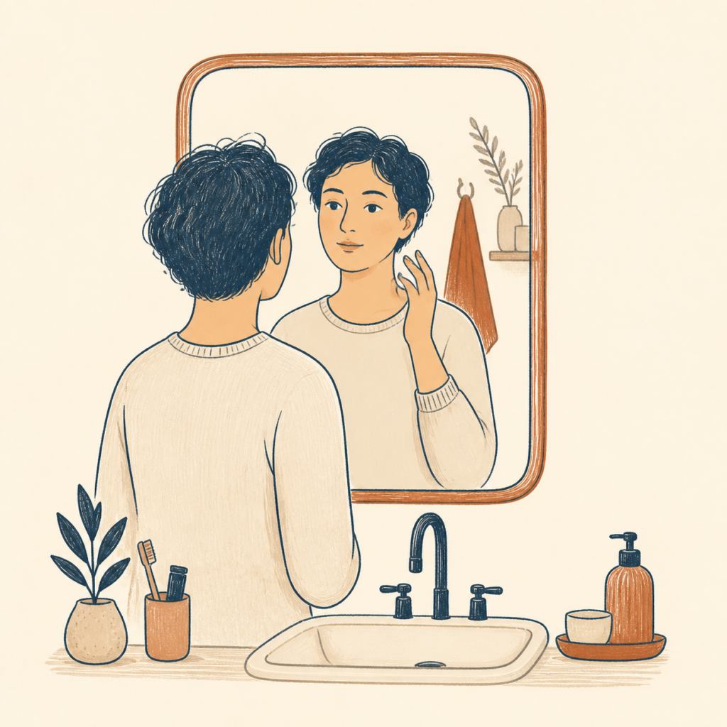 Habit Reversal Training (HRT) 1 Illustration of a person looking at their reflection in a bathroom mirror with a hand raised toward their face, representing the cue and context in which a BFRB urge often arises