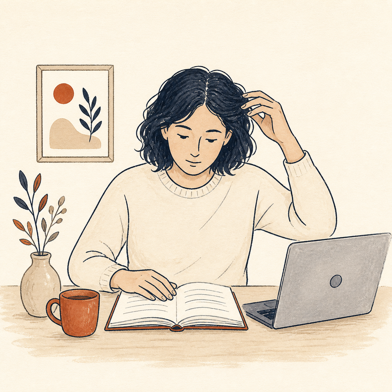 BFRB Therapy in New Hampshire for Hair Pulling & Skin Picking 1 Illustration of a woman at a laptop with one hand drifting toward her hair, an automatic hair pulling cue