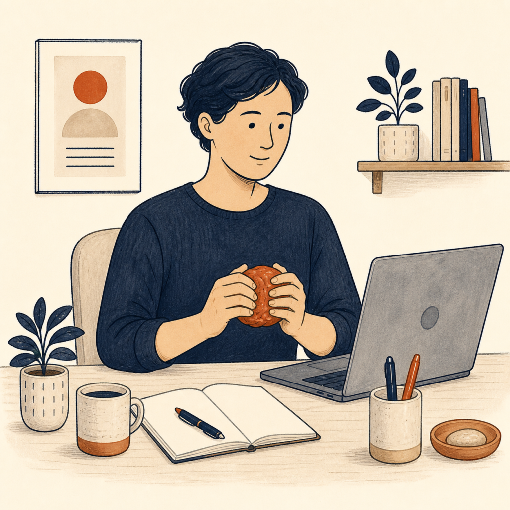 Habit Reversal Training (HRT) 2 Illustration of a person holding a textured fidget object with both hands while working at a laptop, representing a competing response practiced in place of the urge