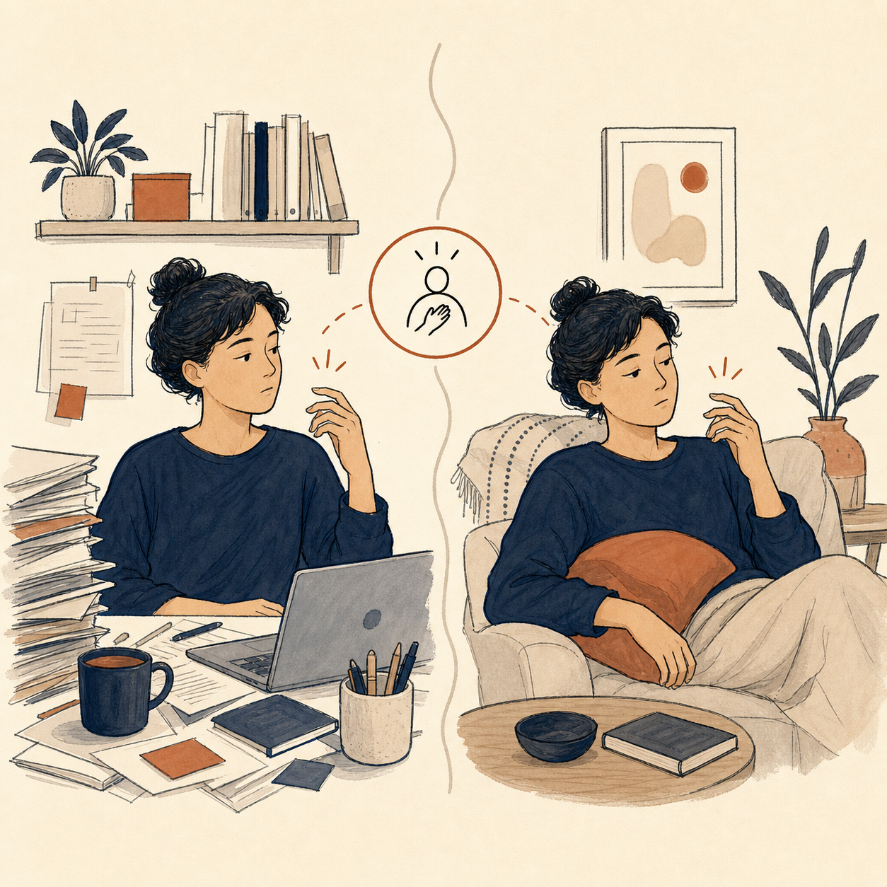 BFRB Therapy in New Hampshire for Hair Pulling & Skin Picking 2 Illustration of the same person in two settings, working at a desk and resting on a couch, both common contexts for pulling or picking